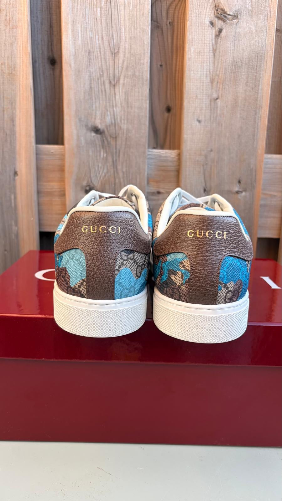 Gucci Men’s Ace with Web GG Monogram Camouflage Blue / Light Blue Low Top Sneakers