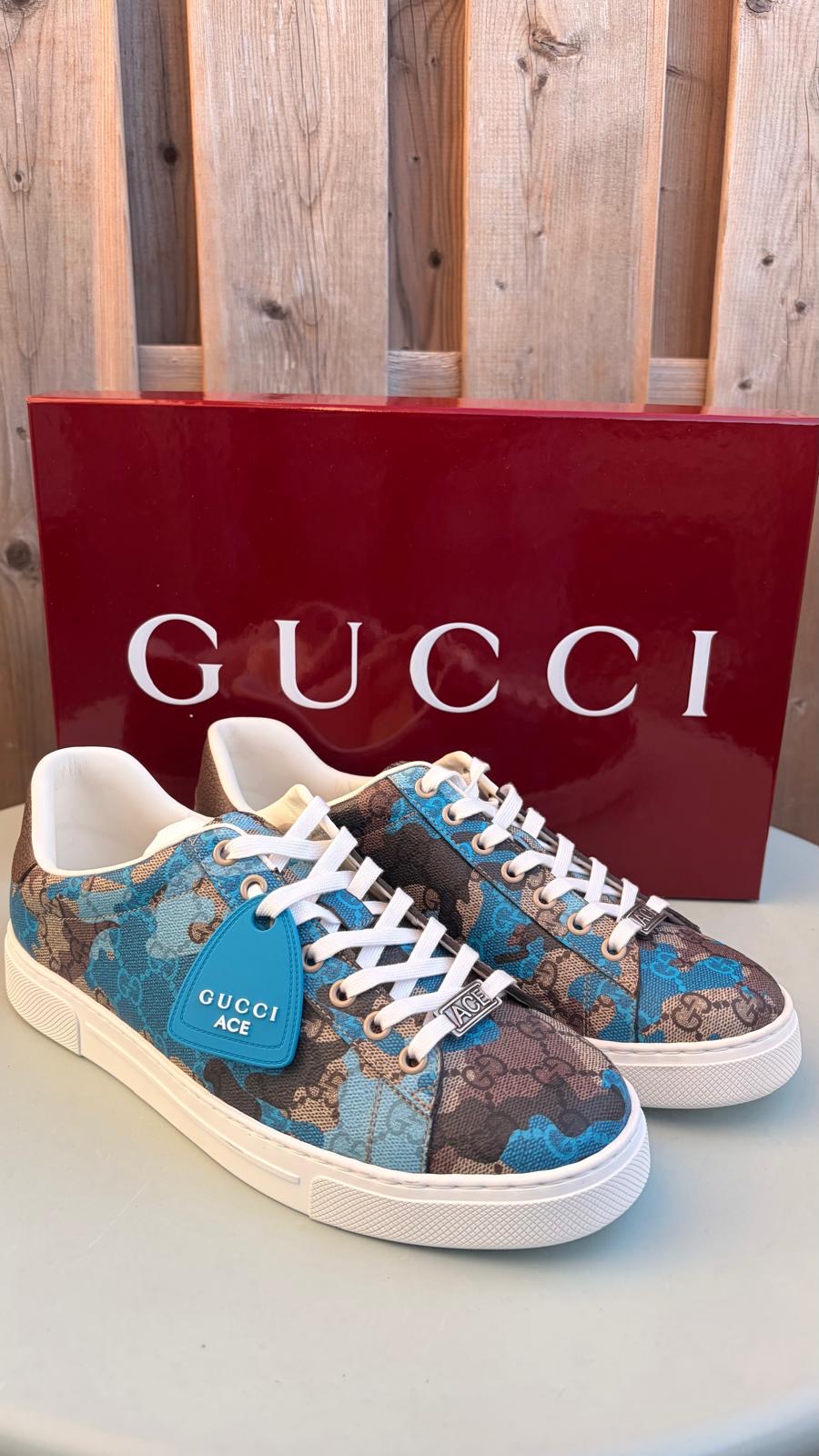 Gucci Men’s Ace with Web GG Monogram Camouflage Blue / Light Blue Low Top Sneakers