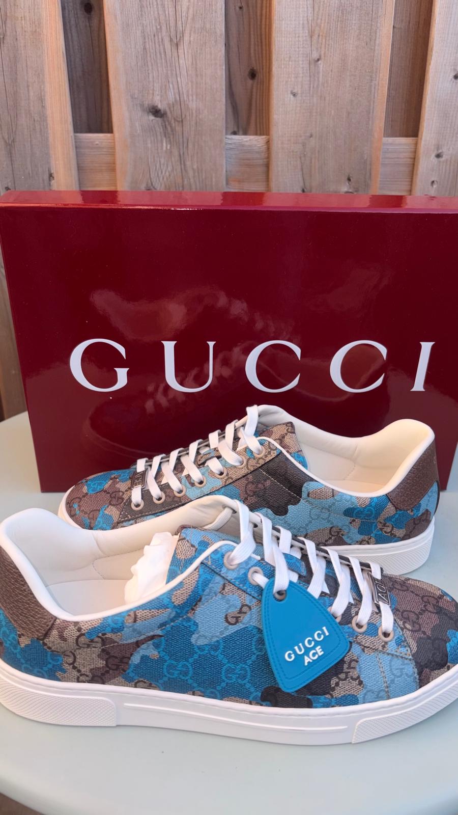 Gucci Men’s Ace with Web GG Monogram Camouflage Blue / Light Blue Low Top Sneakers