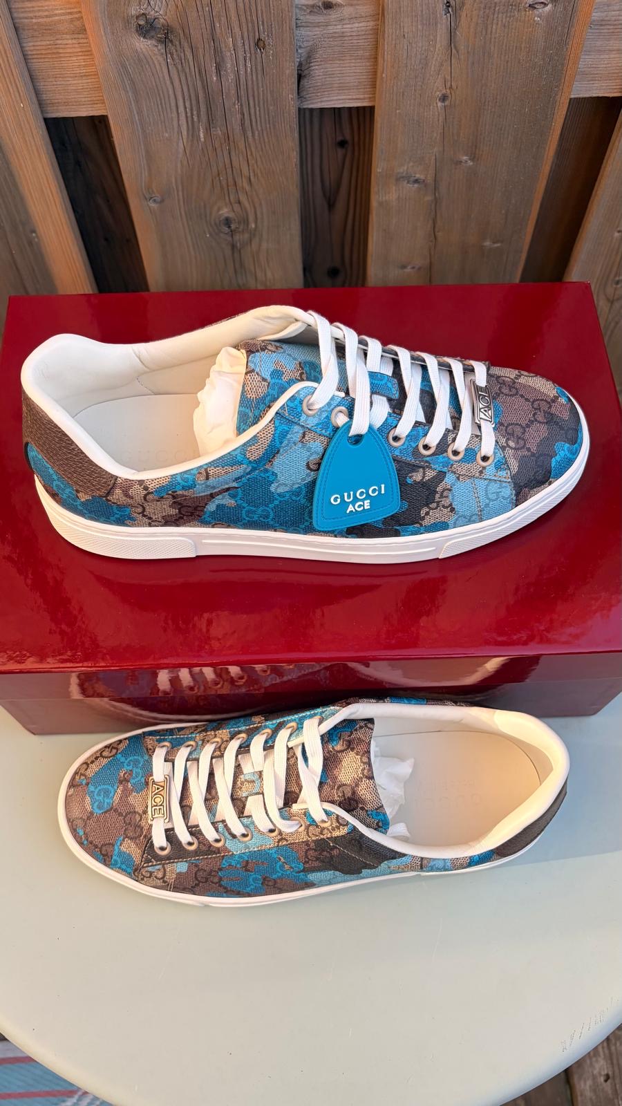 Gucci Men’s Ace with Web GG Monogram Camouflage Blue / Light Blue Low Top Sneakers