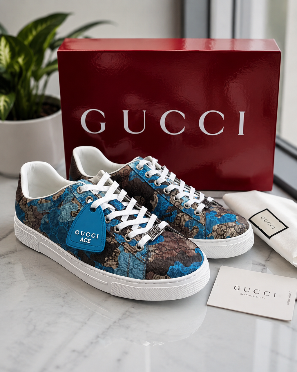 Gucci Men’s Ace with Web GG Monogram Camouflage Blue / Light Blue Low Top Sneakers