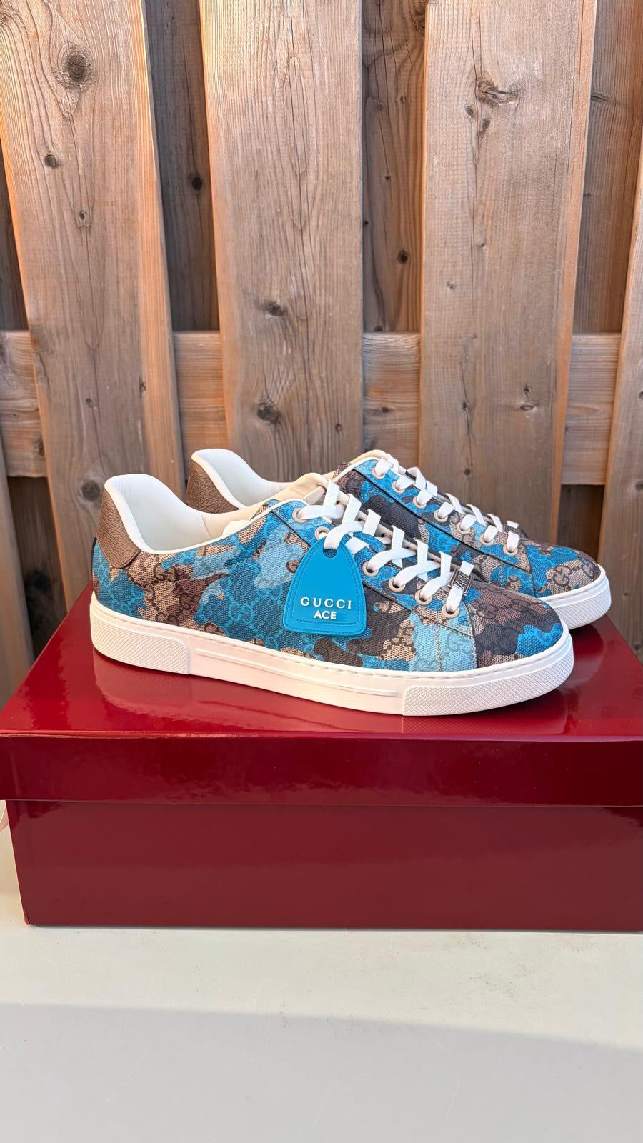 Gucci Men’s Ace with Web GG Monogram Camouflage Blue / Light Blue Low Top Sneakers