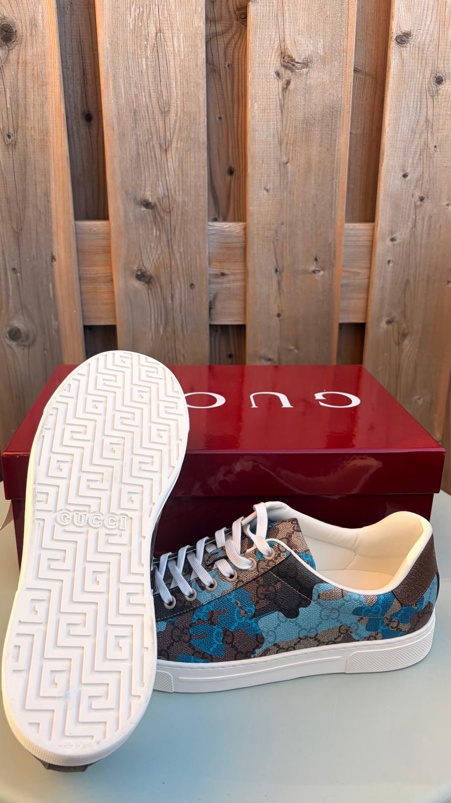 Gucci Men’s Ace with Web GG Monogram Camouflage Blue / Light Blue Low Top Sneakers