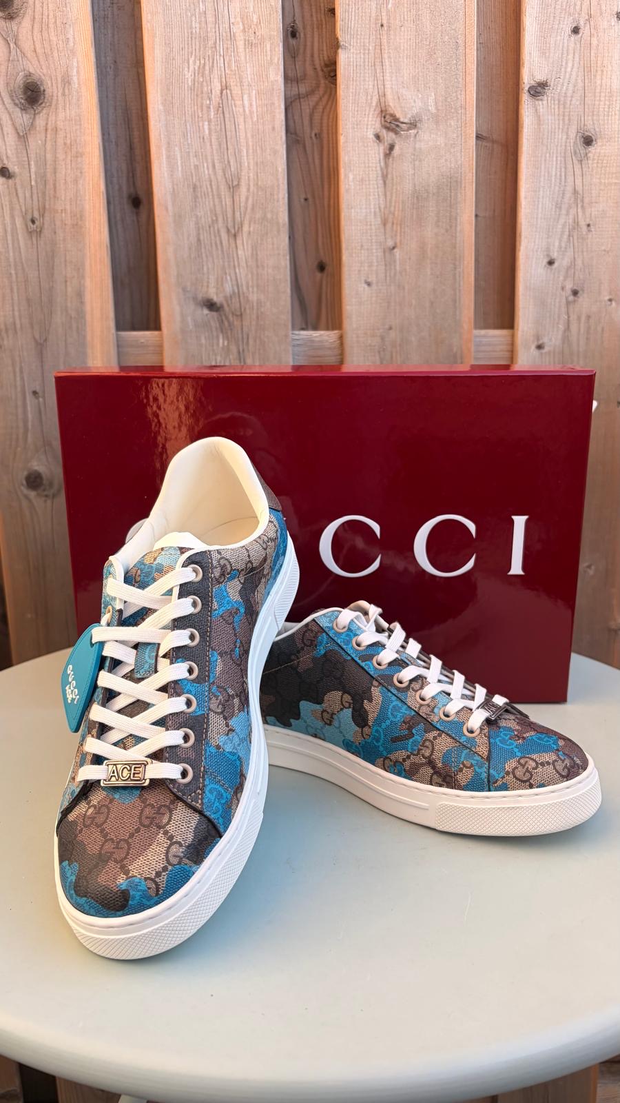 Gucci Men’s Ace with Web GG Monogram Camouflage Blue / Light Blue Low Top Sneakers