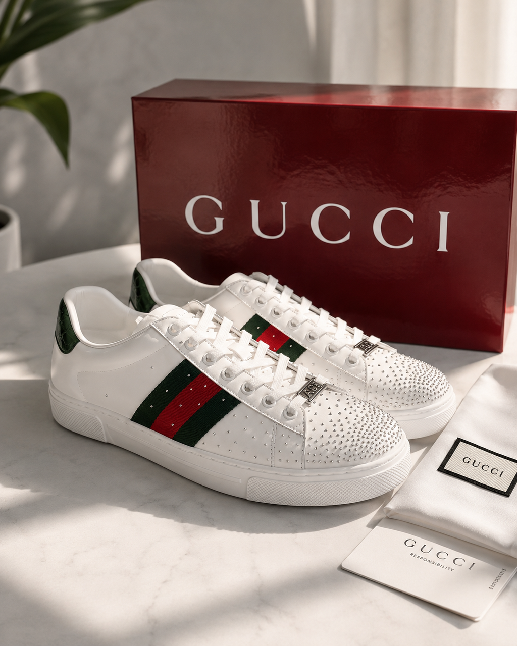 Gucci Ace Web GG Monogram Crystal Embellished Low Top Sneakers
