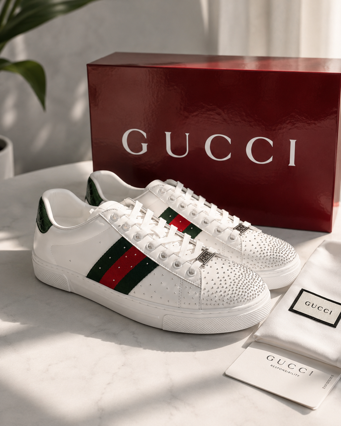 Gucci Ace Web GG Monogram Crystal Embellished Low Top Sneakers